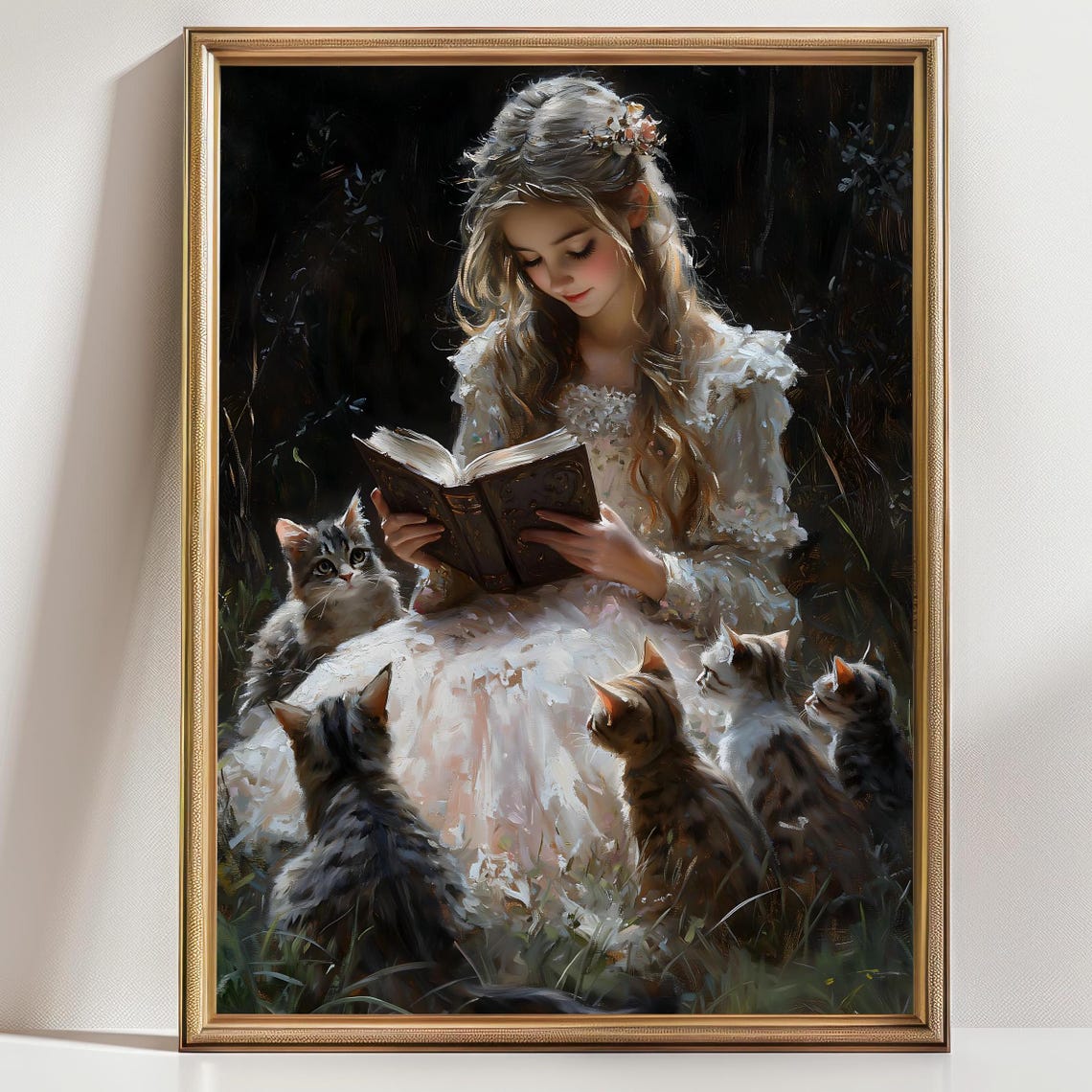 Victorian Girl Reading Book Surrounded By Cats Fairy Tale Wall Art - Image 2