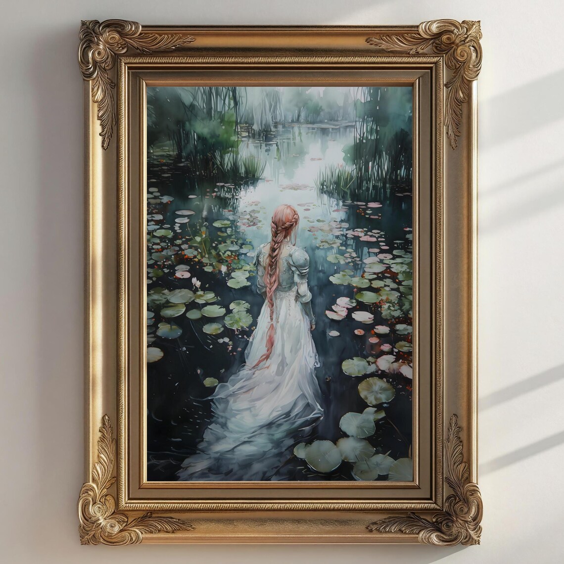 Ophelia Red Haired Girl White Dress Water Lily Pond Dark Romantic Print