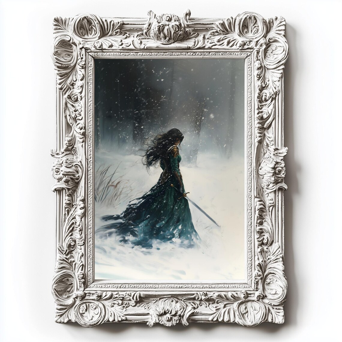 Female Warrior Emerald Dress Sword Snowstorm Winter Fantasy Wall Art - Image 2