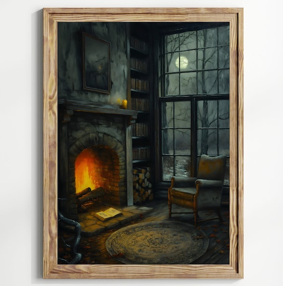 Haunted Library Fireplace Moonlit Window Spooky Dark Academia Art Poster