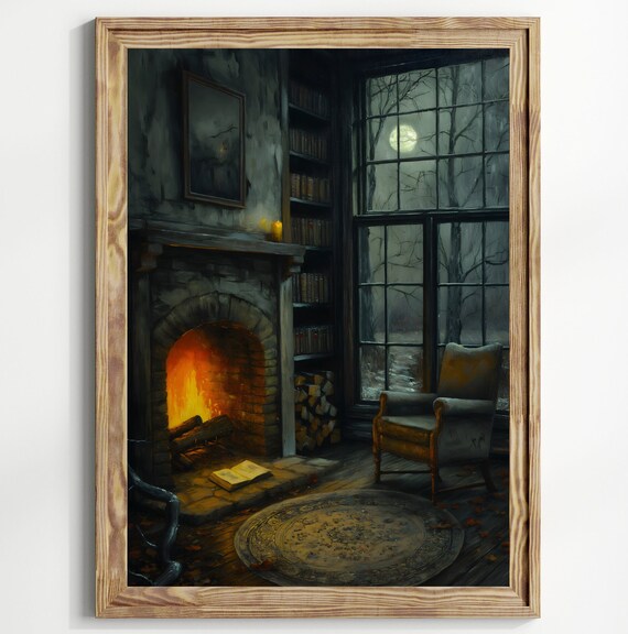 Moody Haunted House Halloween Art Gothic Decor Dark Academia Hallooween Decor Spooky Fireplace Creepy Mansion Vintage Horror Print