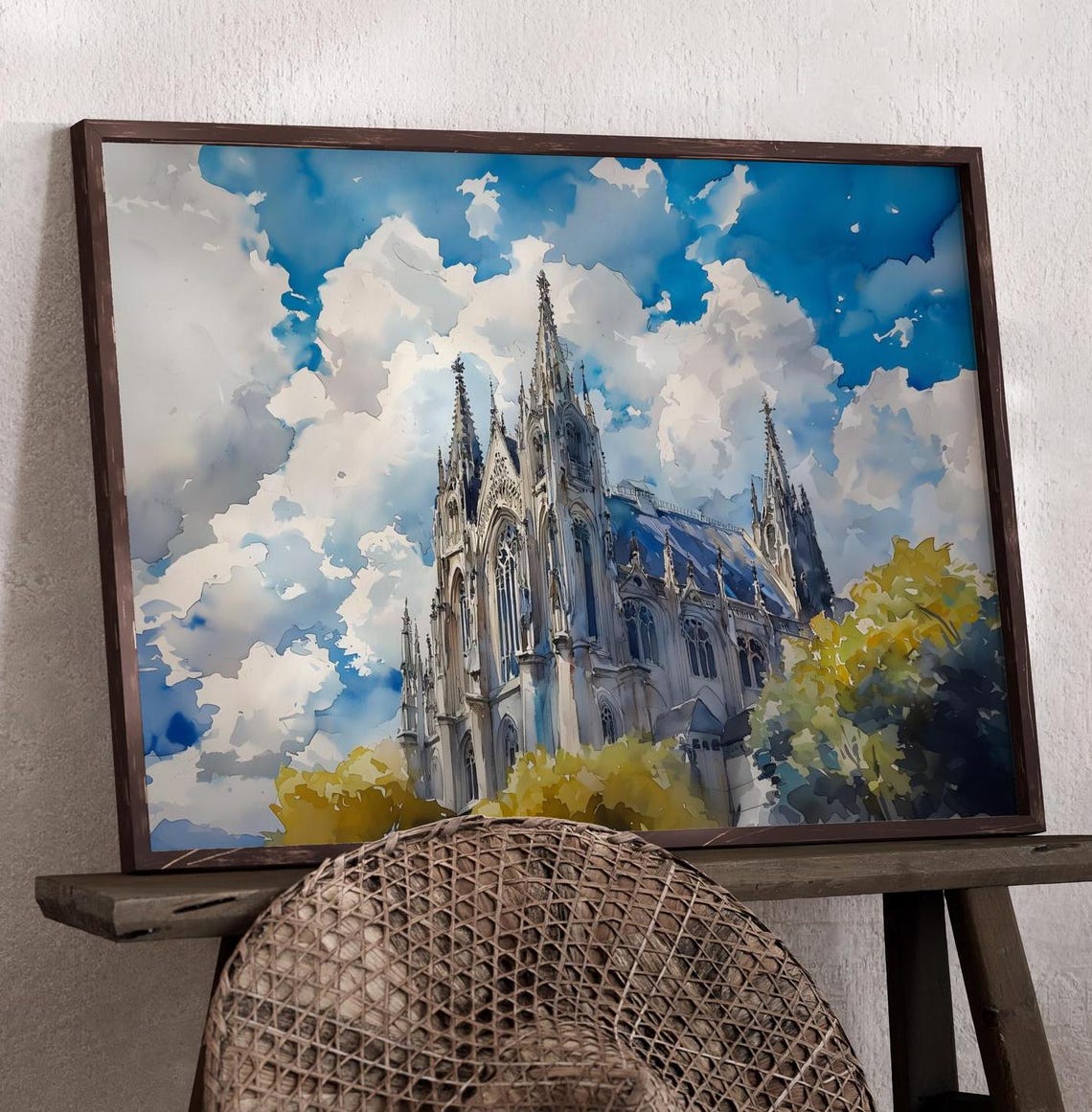Gothic Cathedral Spires Autumn Trees Blue Cloudy Sky Watercolor Print - Image 2