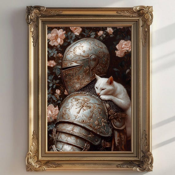 Medieval Knight With Cat, Gothic Fantasy Art Print