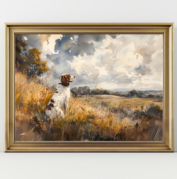Moody Landscape Hunting Dog English Springer Spaniel Print Vintage Cottagecore Painting Wall Art Print Landscape Farmhouse