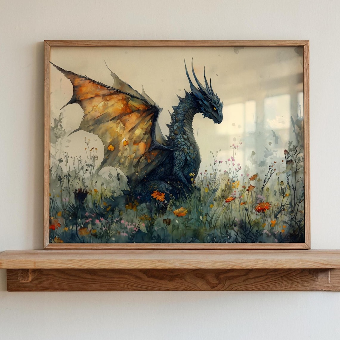 Dragon Watercolor Art Print, Dark Academia Forest