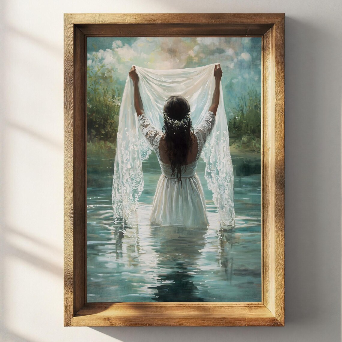 Woman Lace Veil Raised Sunlit Lake Green Reeds Romantic Painting Poster - Image 2