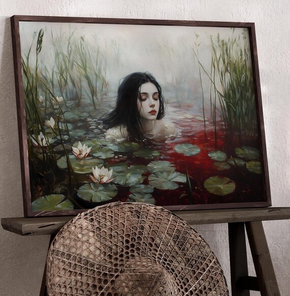 Ophelia Black Hair Red Water Lilies Pond Gothic Romantic Print