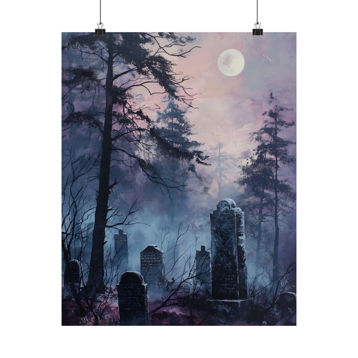Haunted Graveyard Under Full Moon Misty Blue Night Cemetery Art Print - Image 2