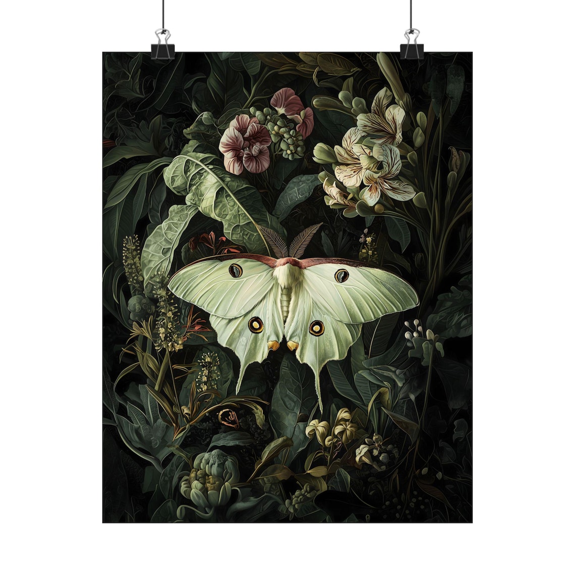 Luna Moth Dark Botanical Art Print, Whimsigoth Style - Image 2