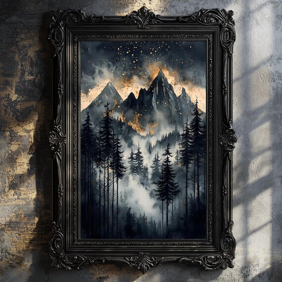 Moody Dark Abstract Night Sky Stars Print Pine Forest Mountains Silhouette Academia Decor Blue Gold Maximalist Moody Celestial Bedroom