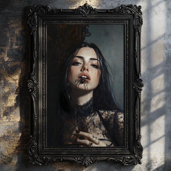 Gothic Woman Black Lace Spider Lips Dark Beauty Portrait Painting Poster
