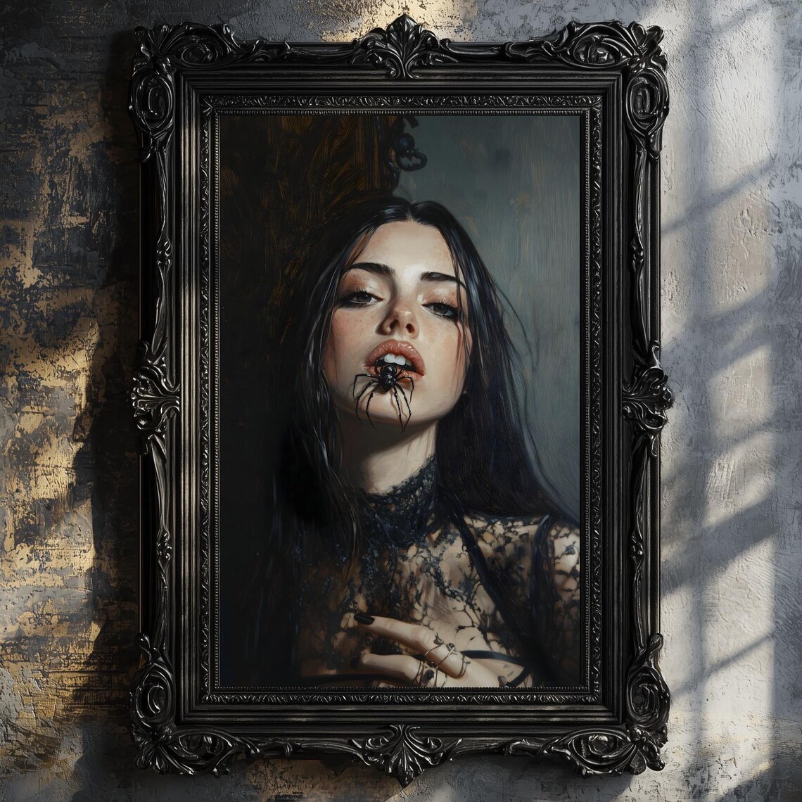 Gothic Woman Black Lace Spider Lips Dark Beauty Portrait Painting Poster