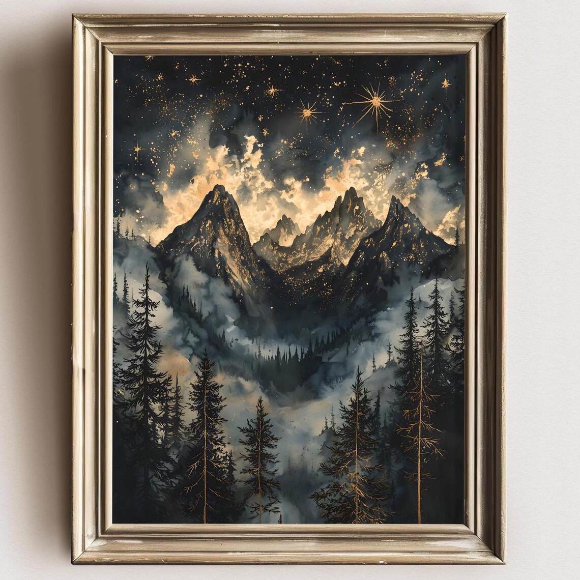 Moody Celestial Night Sky Art Print, Mountain Silhouette