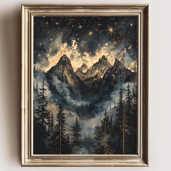 Moody Celestial Night Sky Art Print, Mountain Silhouette