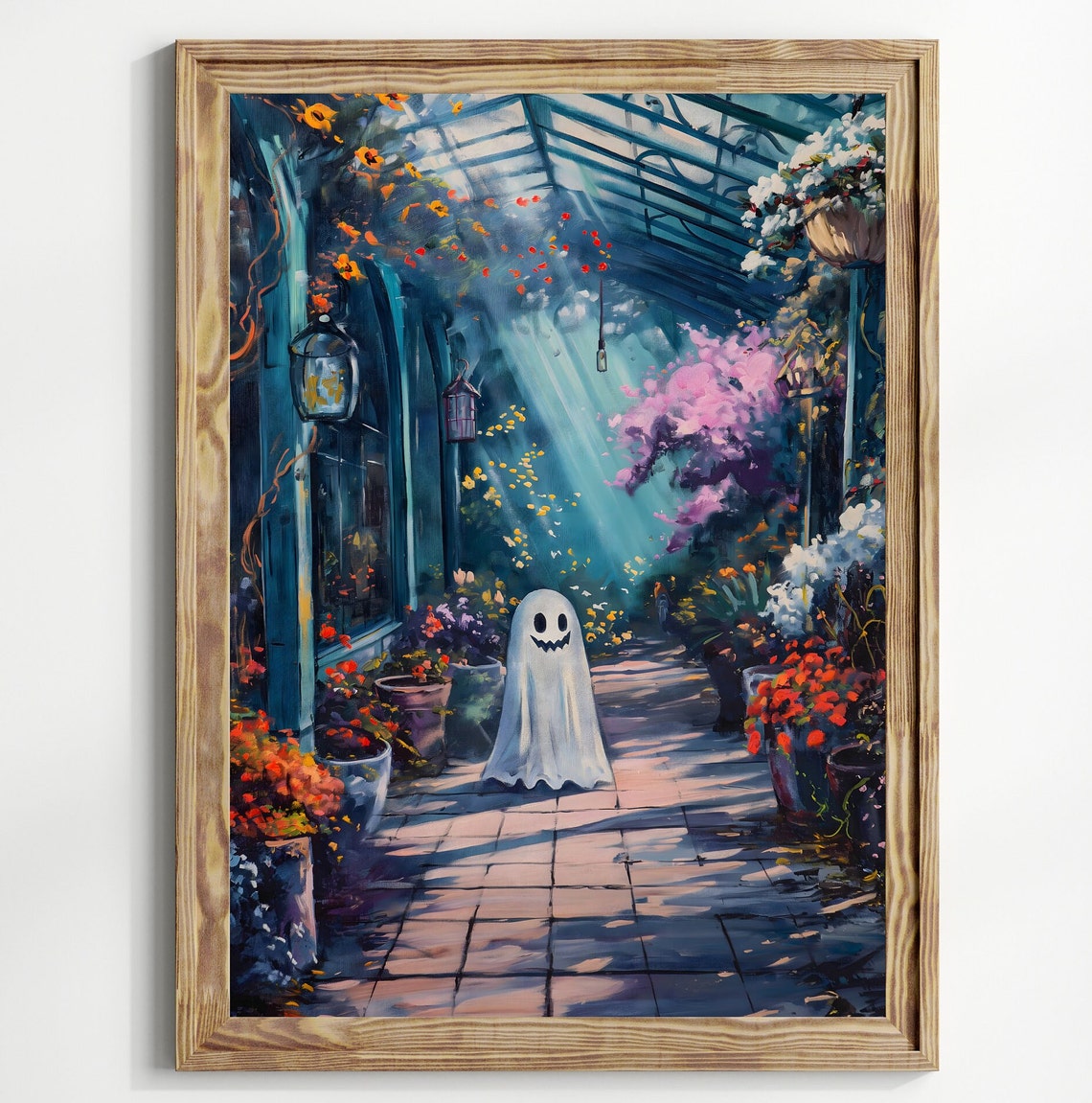 Cute Ghost Flower Greenhouse Sunbeams Whimsical Halloween Wall Art - Image 2