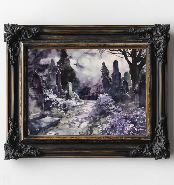 Moody Graveyard Dark Aesthetics Painting Goth Landscape Dark Academia Art Print Gothic Home Dcor Cemetery Art Print Halloween