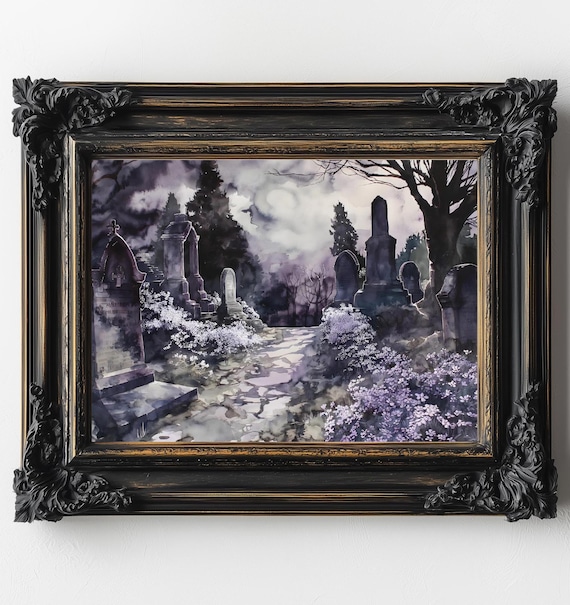 Moody Moonlit Graveyard Cemetery Purple Fog Watercolor Art Print