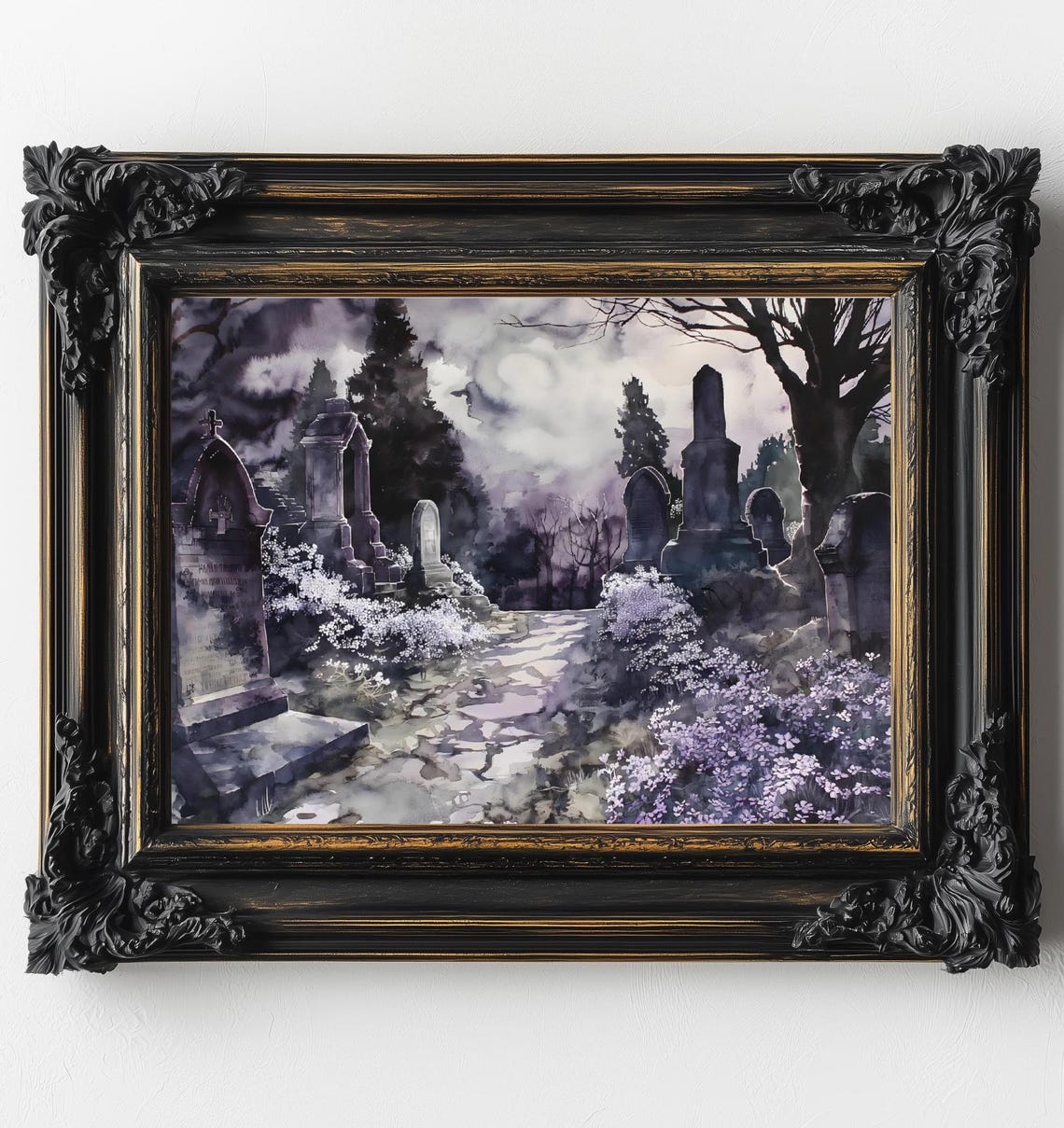 Moody Moonlit Graveyard Cemetery Purple Fog Watercolor Art Print
