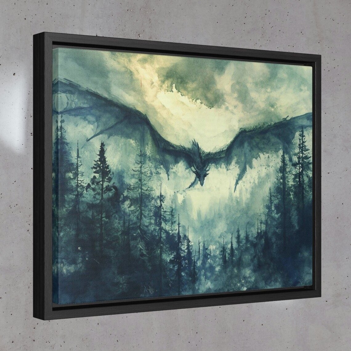 Majestic Dragon Soaring Over Misty Pine Forest Watercolor Fantasy Art Poster - Image 3