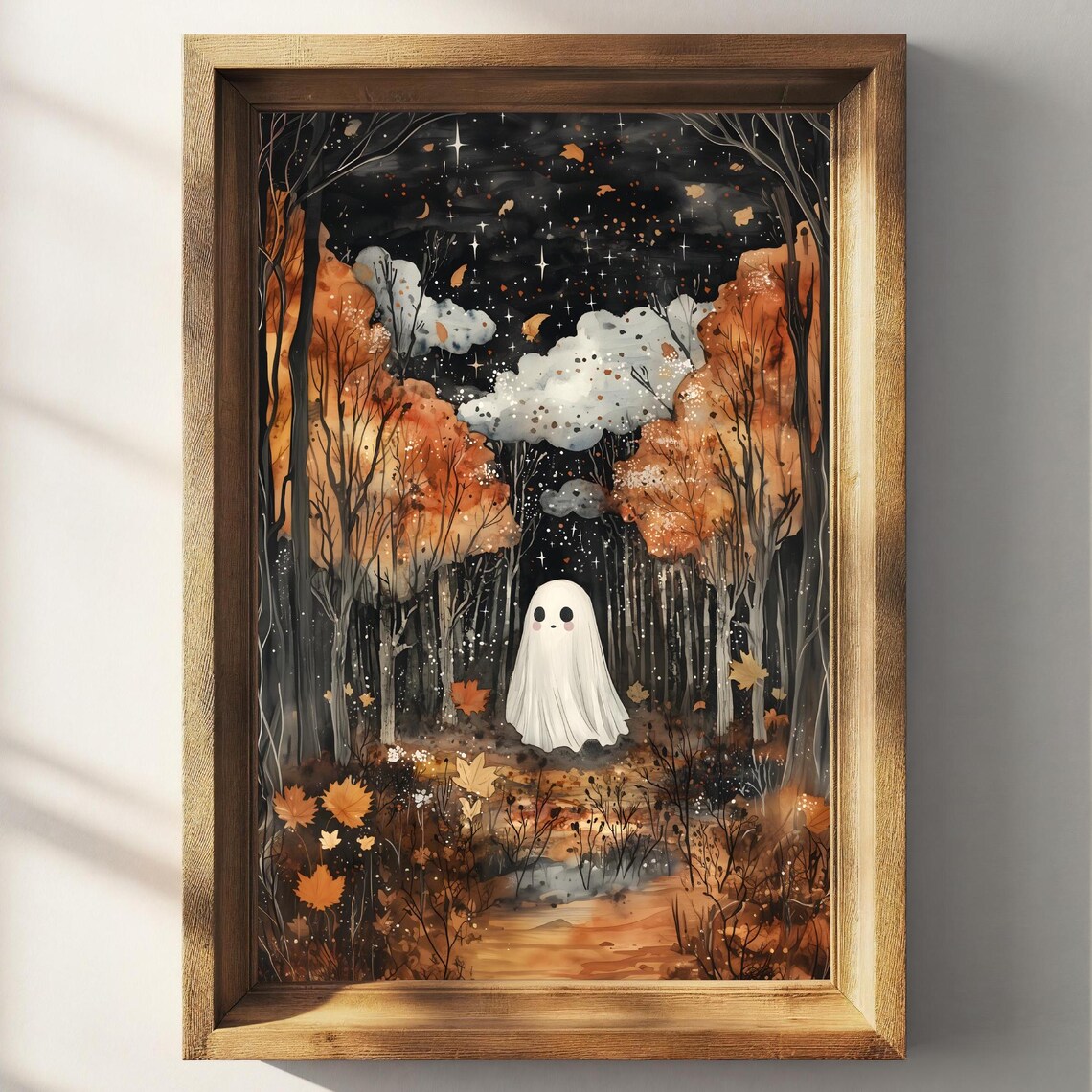 Cute Ghost In Autumn Forest Night Stars Falling Leaves Whimsical Poster - Image 3
