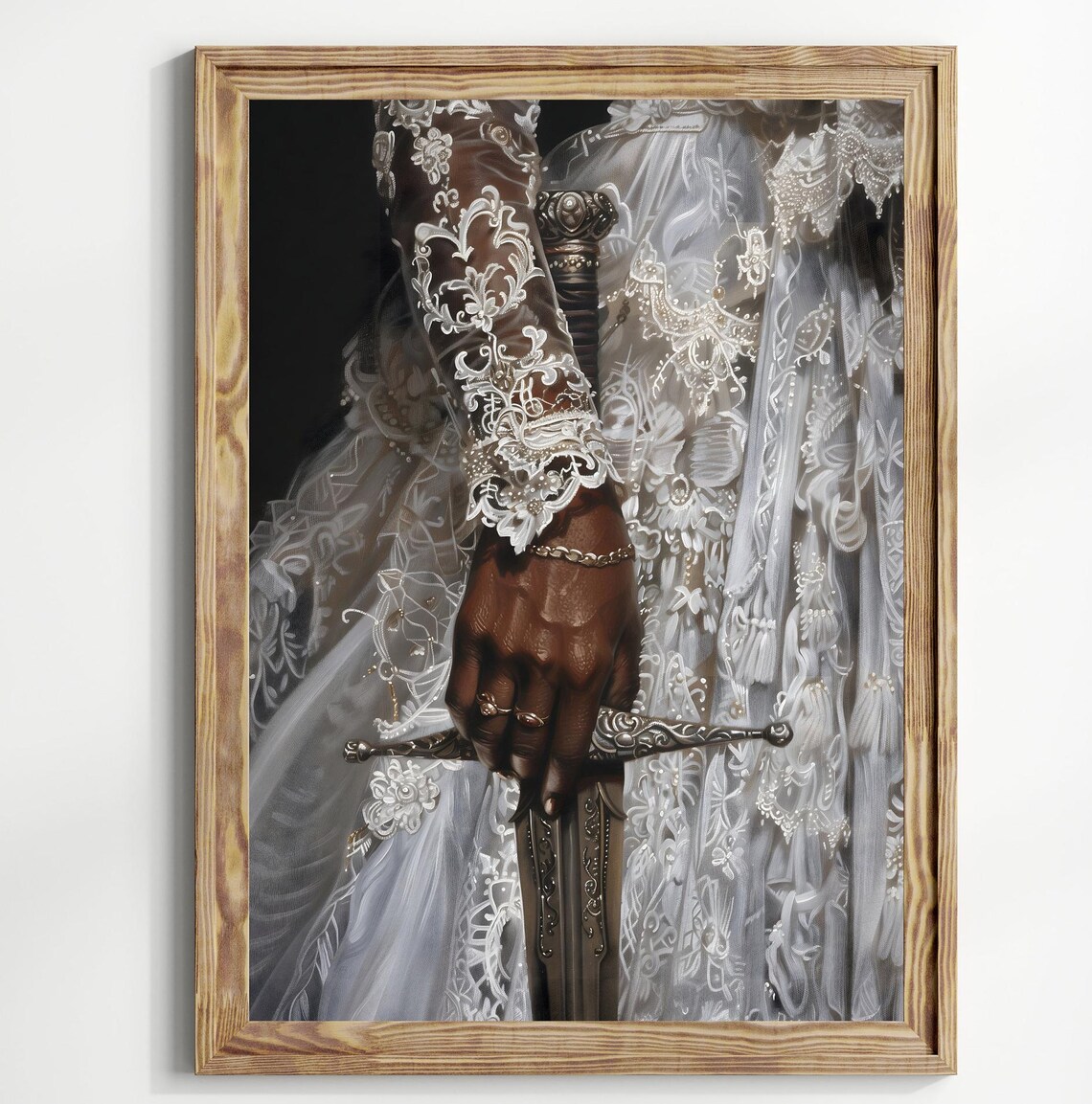 Black Woman Sword Hand Ornate Blade White Lace Gown Dark Art Print