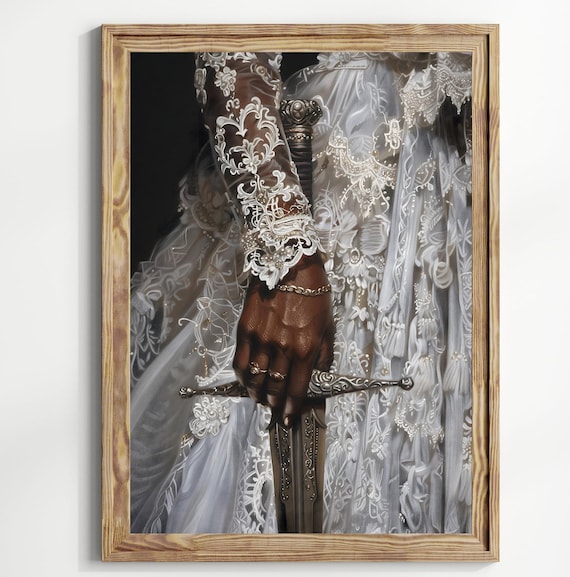 Black Woman Sword Hand Ornate Blade White Lace Gown Dark Art Print