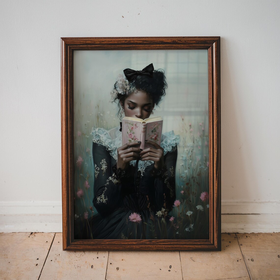 Black Woman Reading Pink Book Wildflower Meadow Victorian Dress Bookish Art Print - Image 3
