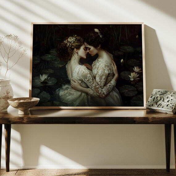 Two Women Embracing Lily Pond Night Lace Dresses Dark Academia Print