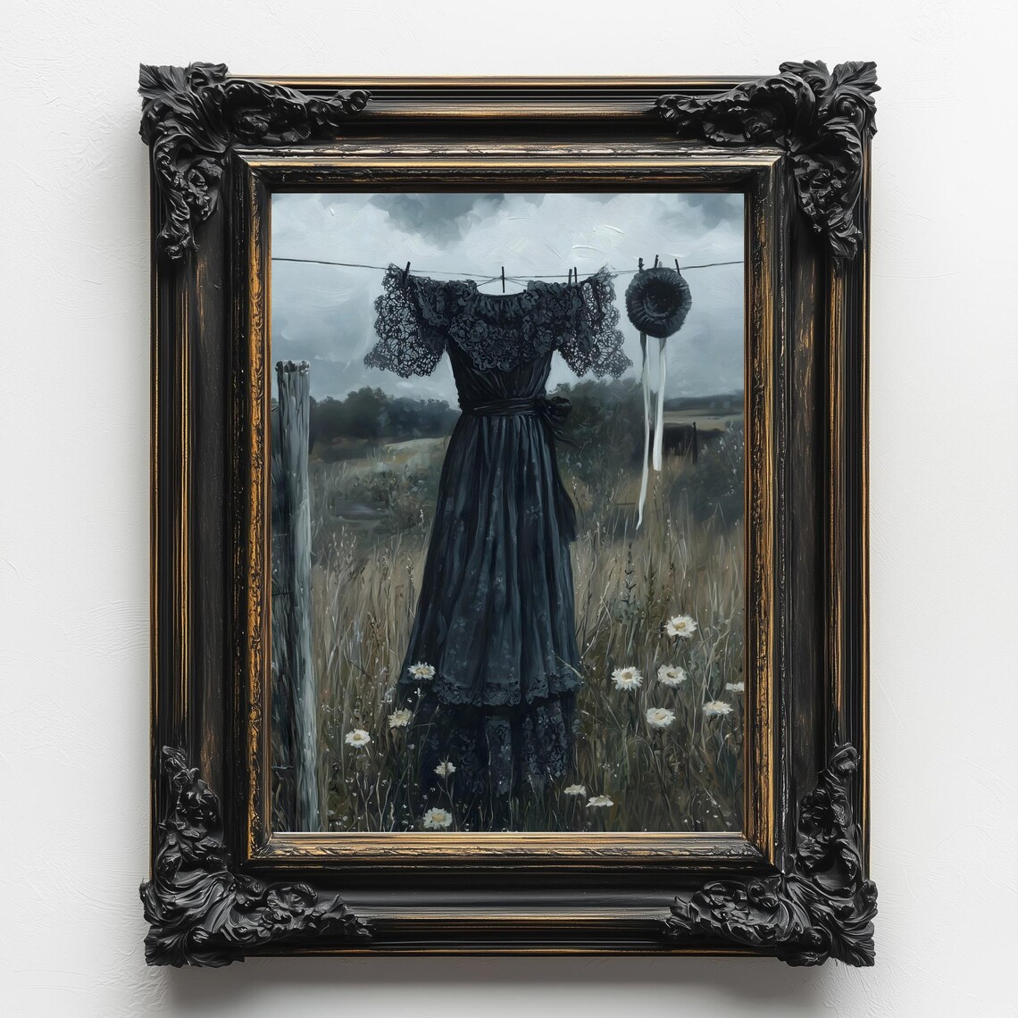 Black Victorian Mourning Dress On Clothesline In Daisy Meadow Cloudy Sky Art Poster - Image 2