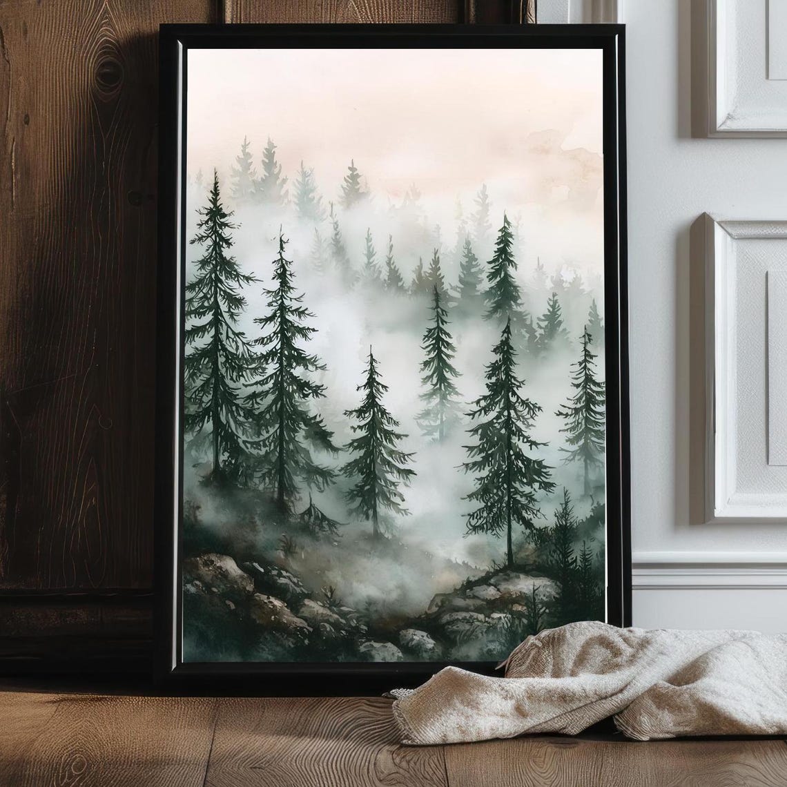 Foggy Pine Forest Rocky Hillside Misty Watercolor Landscape Poster - Image 2
