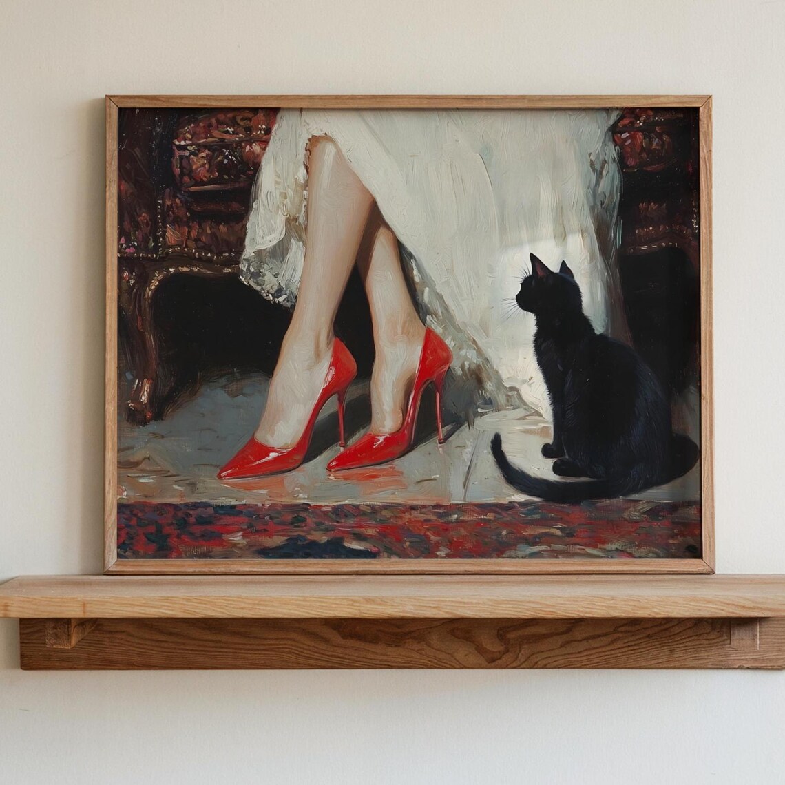 Victorian Woman Red Heels Black Cat Oil Painting Dark Academia Art Print - Image 4