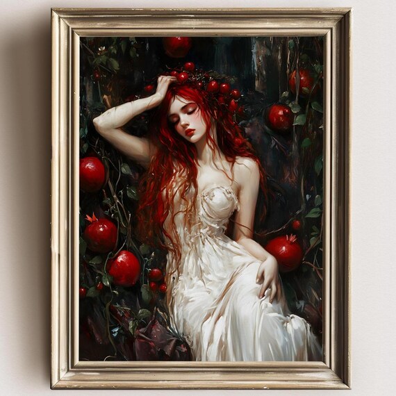 Persephone With Pomegranate Wall Art Dark Academia Decor Victorian Moody Wall Art Cottagecore Greek Goddess Greek Mythology Art Floral