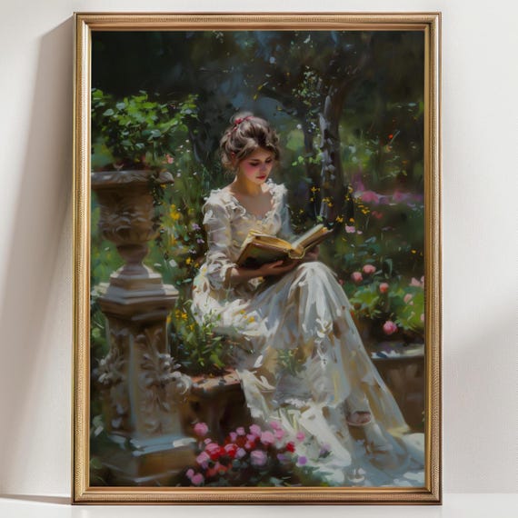Victorian Woman Reading Book, Dark Academia Art Print