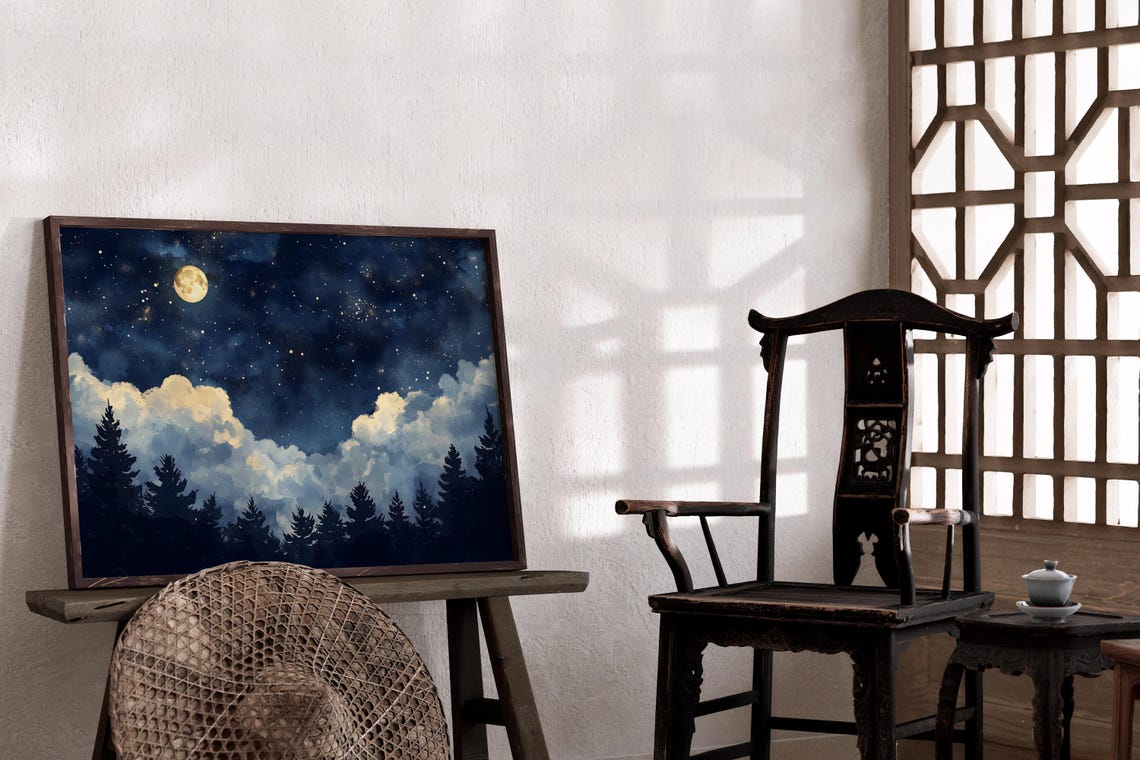 Full Moon And Stars Over Dark Pine Forest Night Sky Celestial Wall Art - Image 2