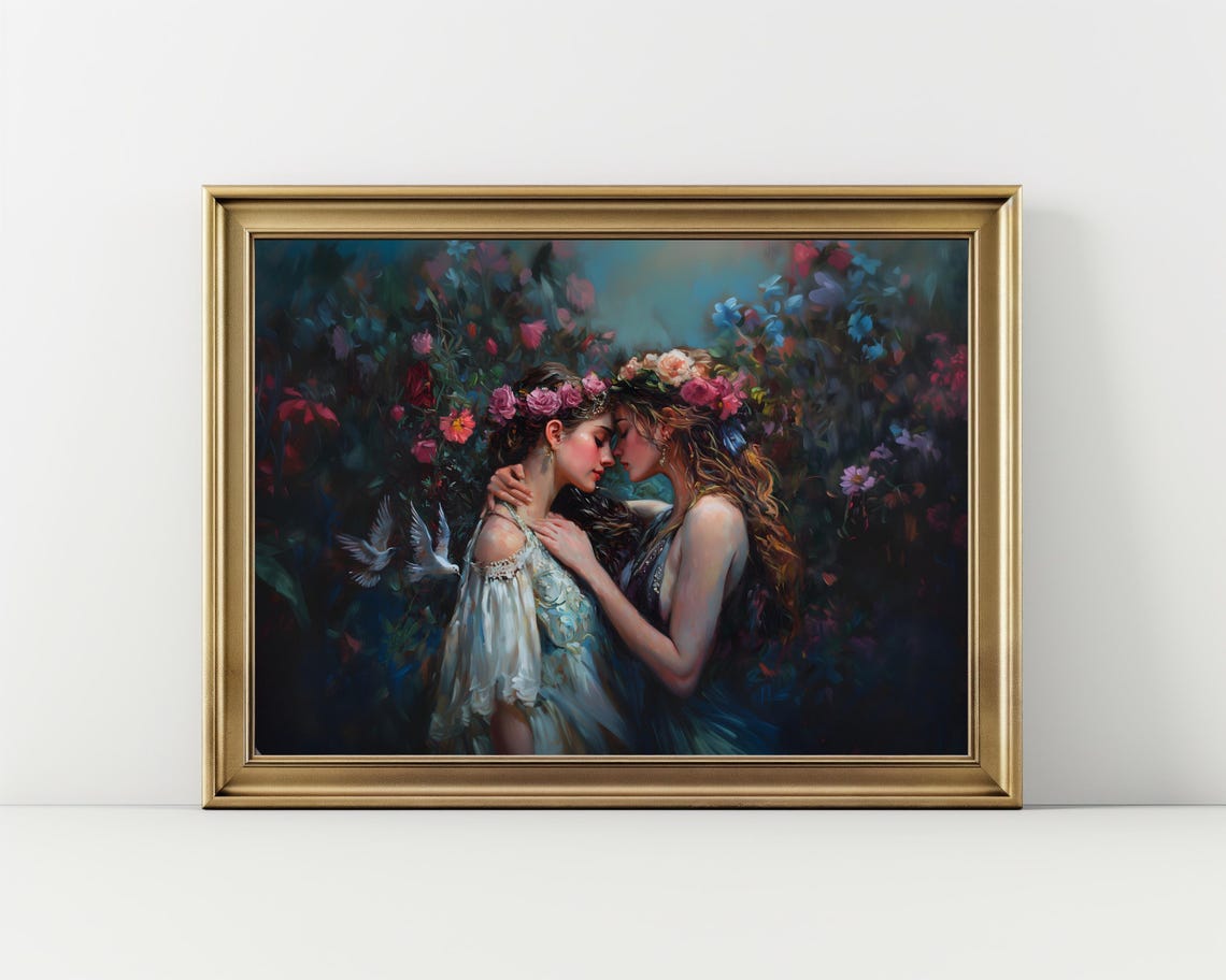 Two Women Embracing Flower Crowns Dark Garden Romantic Moody Art Print - Image 2