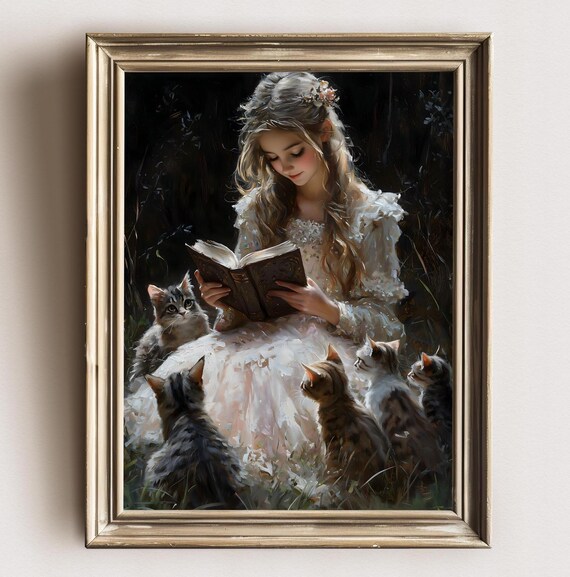 Victorian Girl Reading Book Surrounded By Cats Fairy Tale Wall Art