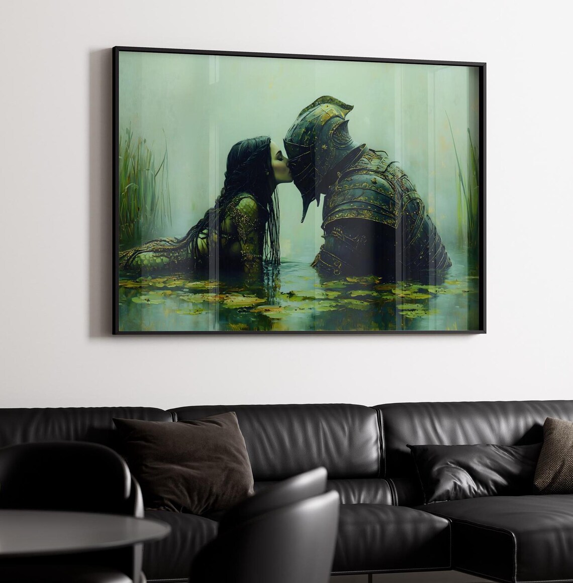 Knight And Lake Nymph Kiss Moody Green Pond Dark Fantasy Art Poster - Image 2
