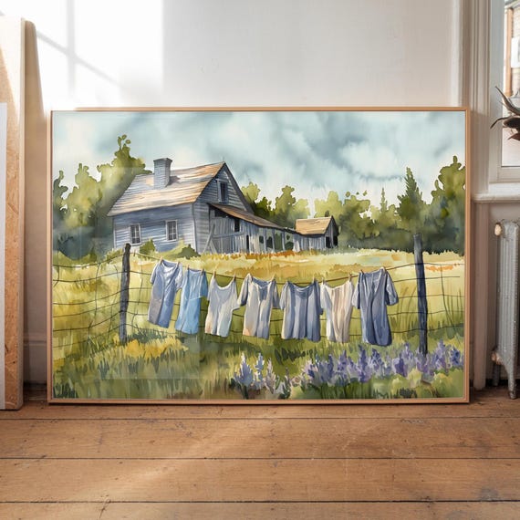 Laundry On A Line Matte Horizontal Posters Laundry Room Art Vintage Cottagecore Garden Painting Print Farmhouse Wall Decor Country Art Print