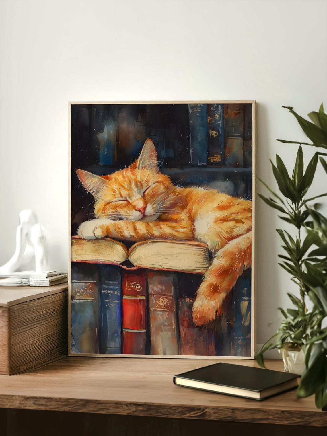 Cat Dark Academia Stack Books Art Print - Image 2