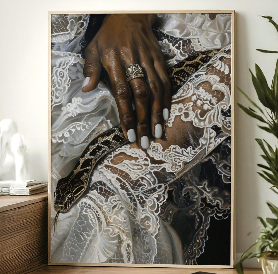Dark Skinned Hand With Snake on White Lace and Gold Ring Art Print - Image 2