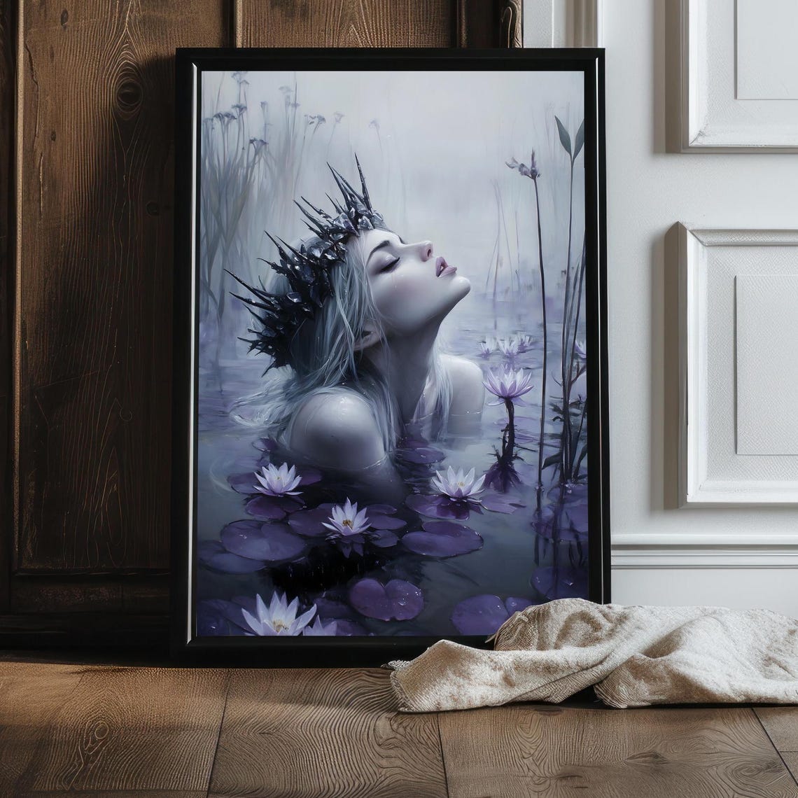 Crowned Lady Floating in Violet Water Lily Pond Among Reeds Print - Image 2