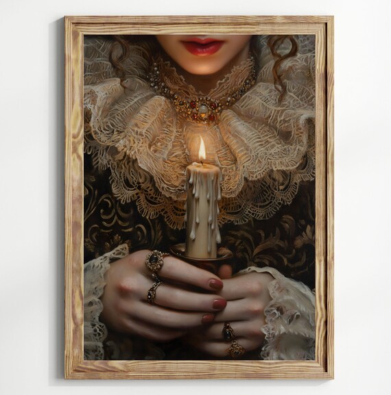 Candle Victorian Art Poster Print Moody Painting Vintage Woman Print Victorian Decor Wall Art Dark Moody Antique Art Print Lace Pearls