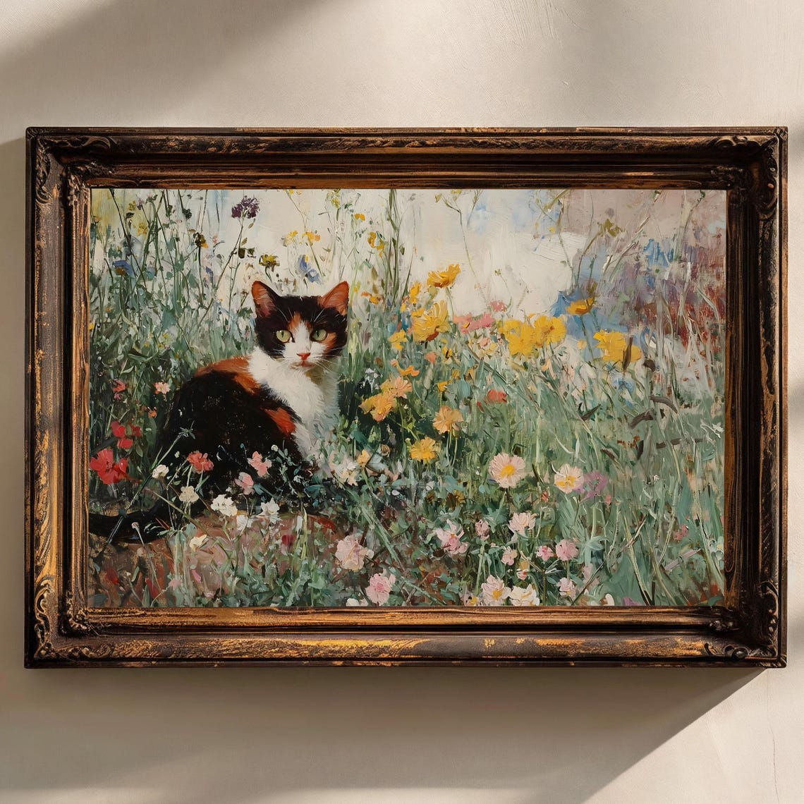 Cat Floral Painting Vintage Cottagecore Art Flowers Landscape Painting Animal Art Print Vintage Print Cat Wall Art Cat Lover Gift