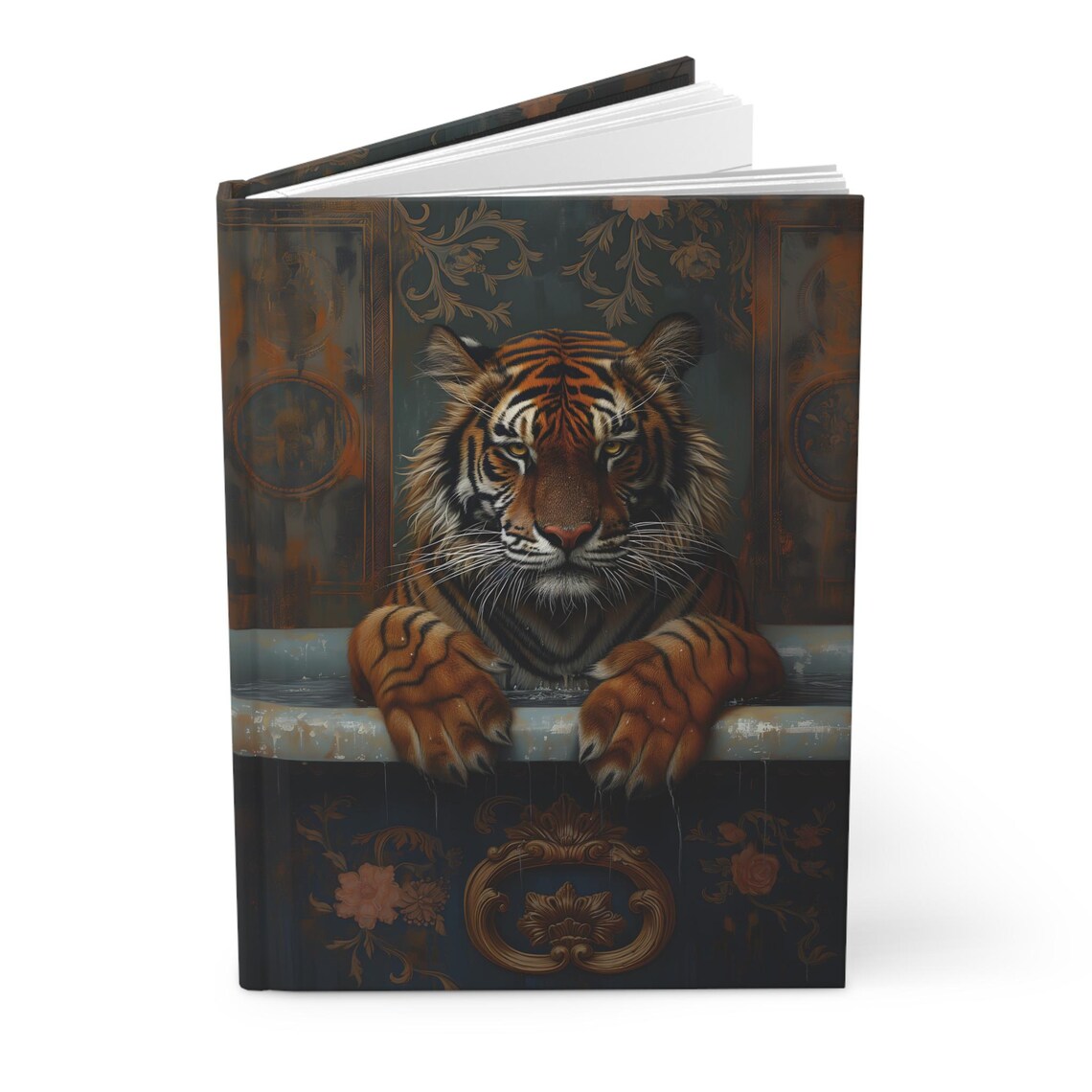 Mystic Tiger Face Vintage Journal Cover Ornate Dark Blue Gold Art Print - Image 2