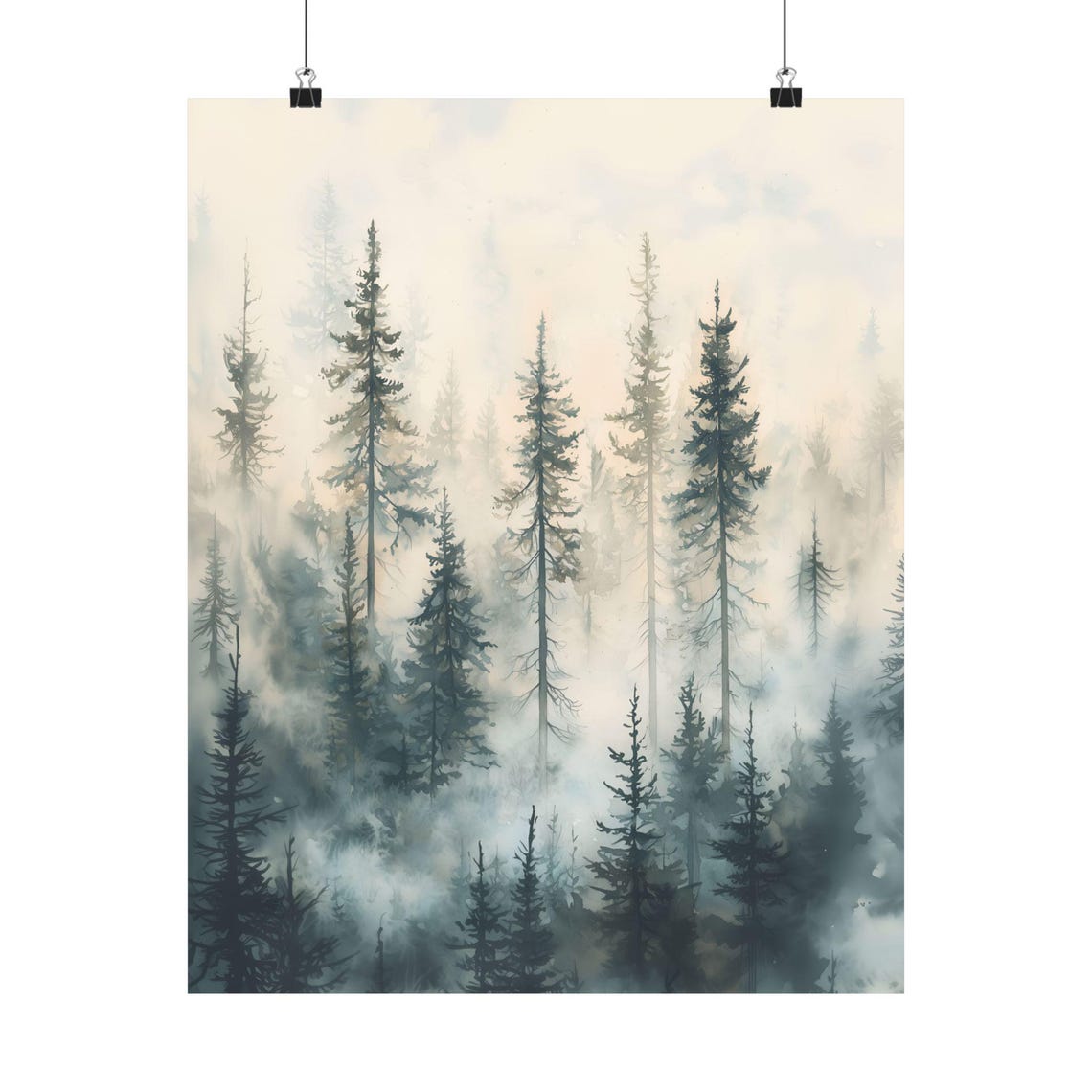 Foggy Misty Pine Forest Watercolor Soft Sage Green Woodland Art Print - Image 2
