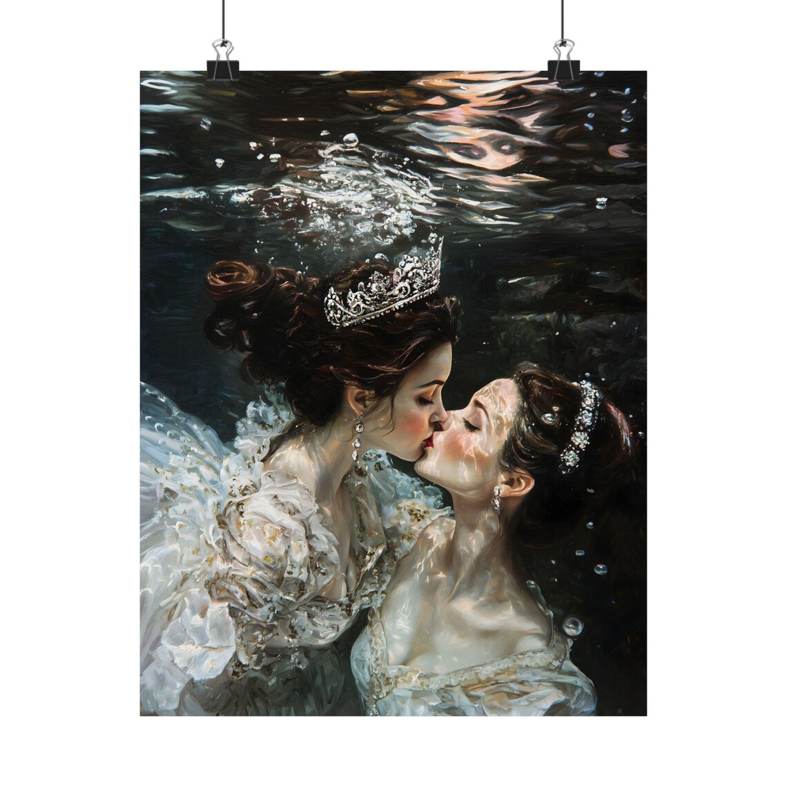 Two Queens Kissing Underwater White Gowns Tiara Romantic Sapphic Oil Painting Print - Image 2
