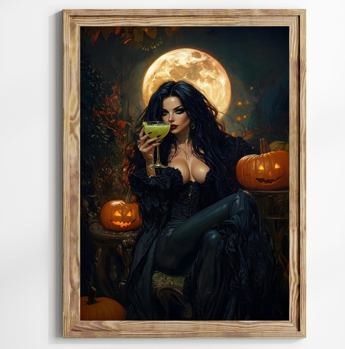 Gothic Witch Full Moon Woman With Cocktail Jack O Lanterns Dark Art Poster - Image 2