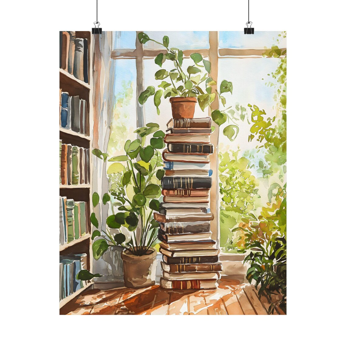Sunny Reading Corner Book Stack Plants Watercolor Library Wall Art Print - Image 2
