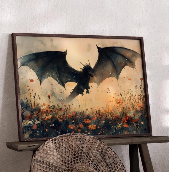 Dragon Wildflowers Fantasy Art Print, Dark Academia