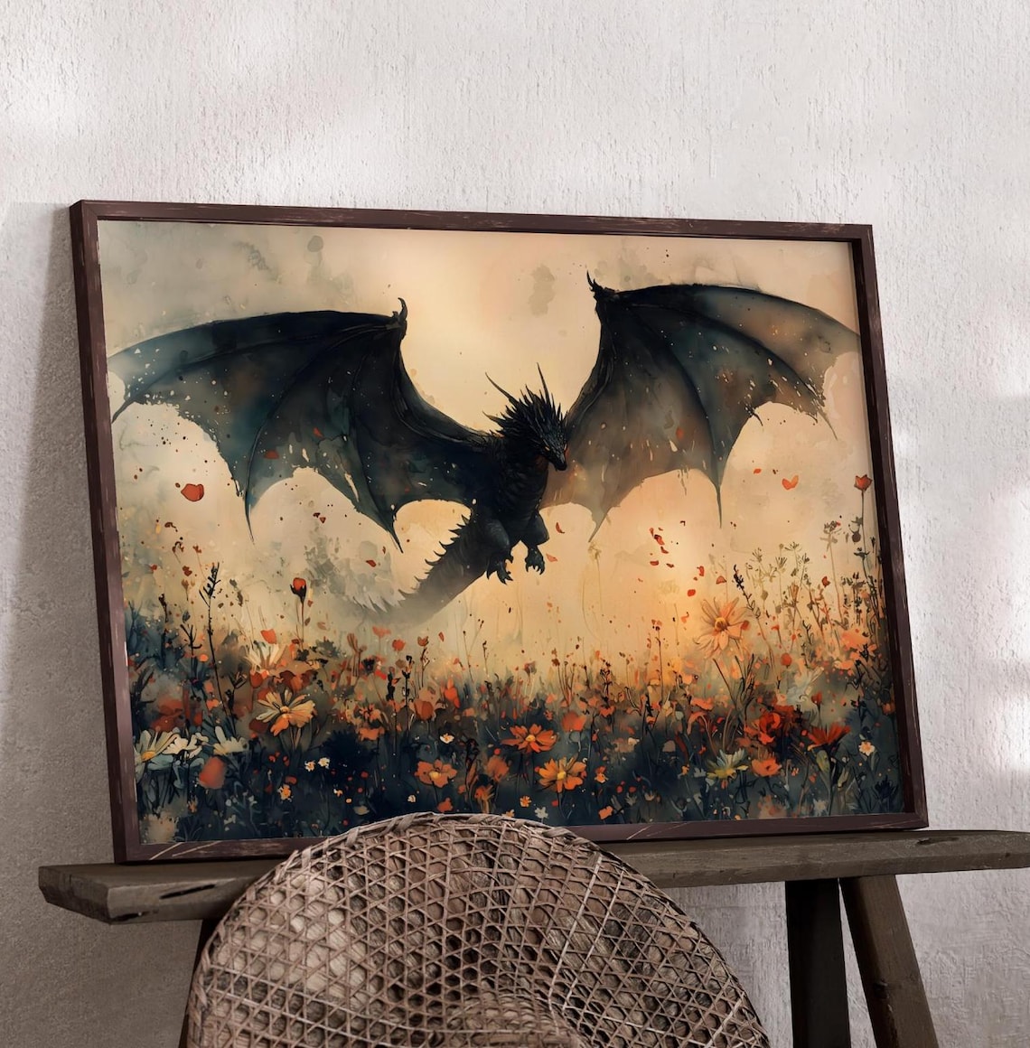 Dragon Wildflowers Fantasy Art Print, Dark Academia